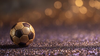 Close-up of a small, decorative soccer ball, resting on glitter with blurred background lights