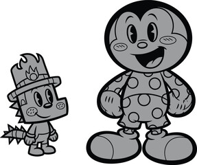 Obraz premium Two cheerful cartoon characters with unique shapes, flame hat, polka‑dot clothing, big shoes, smiling faces, playful design, and imaginative theme