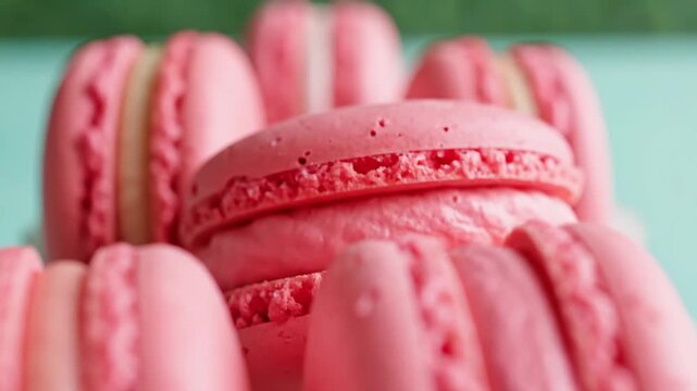 Delicious colorful pink macarons with creamy white filling for a delightful sweet dessert snack