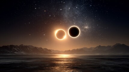 Celestial spectacle showcasing a cosmic dance, eclipses, over a rugged, alien landscape