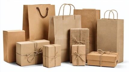 Group of various paper shopping bags and wrapped packages