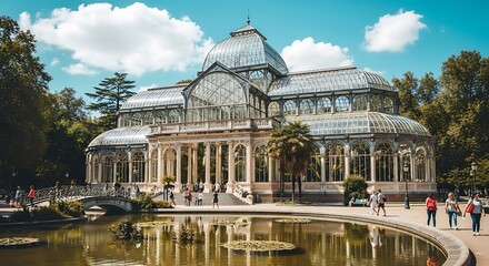 Grand glass palace reflects in pond with people strolling nearby.