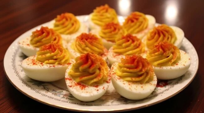 A festive platter of deviled eggs, sprinkled with paprika, arranged on a vintage china plate. Style Classic, holiday party