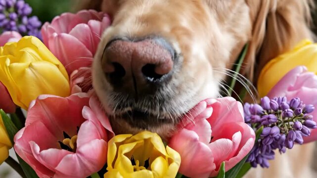 Adorable golden retriever dog sniffing beautiful vibrant fresh pink and yellow tulips and purple blossoms