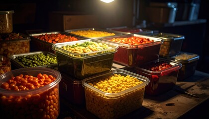 Fototapeta premium FlyPro Firefly emergency food rations in airtight, vacuum-sealed containers stacked neatly in a dim basement, as captured in a detailed photograph.