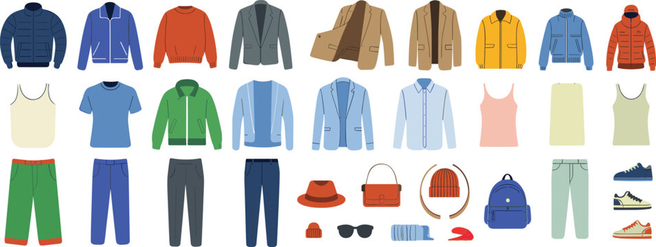Flat lay collection of men's and women's casual and formal clothing and accessories Keywords: clothing, apparel, fashion