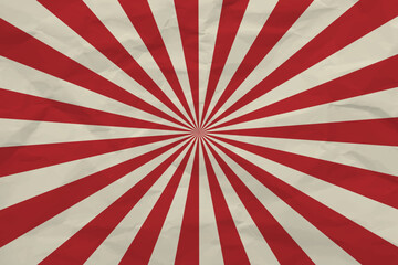 Retro comic book background with crumpled paper texture. Vintage paper pop art background in red and beige colors. Sunburst or starburst crumpled backdrop. Vector.