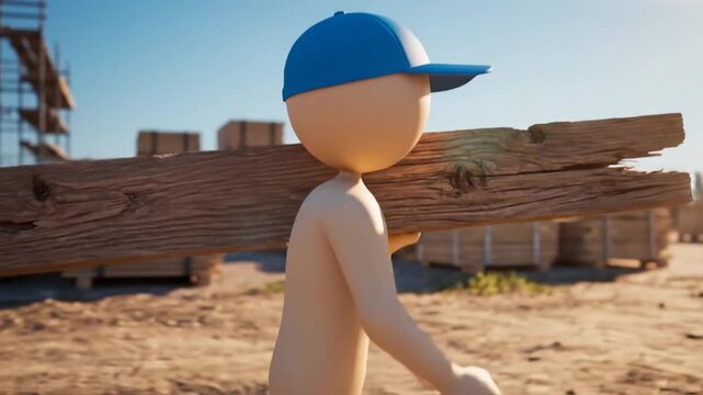 Animated builder character carrying wood beam at construction site