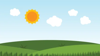 Fotobehang Boerderij green filed with sun and blue sky. nature landscape cartoon scene background  © piggu