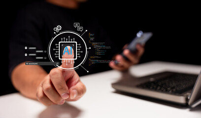 Person interacts with a digital AI interface while using a smartphone and laptop, symbolizing advanced technology and artificial intelligence integration.