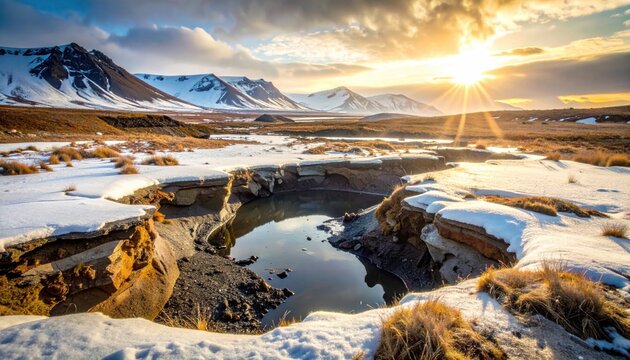 Melting permafrost causing sinkholes and uneven ground deformation, destabilizing landscapes and infrastructure