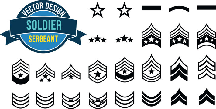 Set of soldier sergeant rank insignia badges, chevrons, stars and military emblem symbols in flat vector design