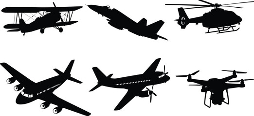 Aviation and air transport silhouette set, black vector icons of drone, helicopter, fighter jet, biplane, and commercial aircraft isolated on white © Only