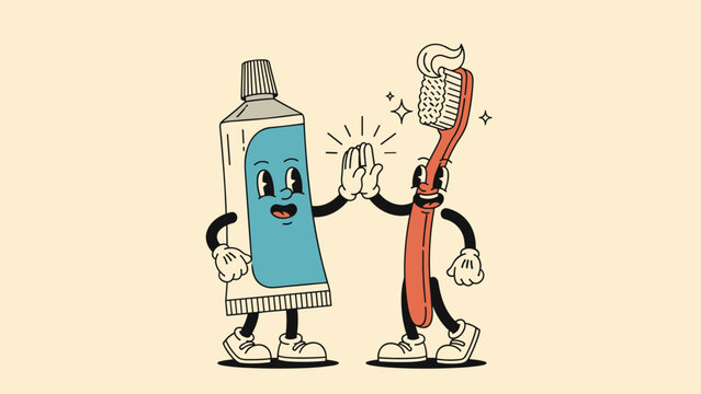 Fun cartoon toothpaste tube and toothbrush characters giving each other a high five in a vintage mascot style.