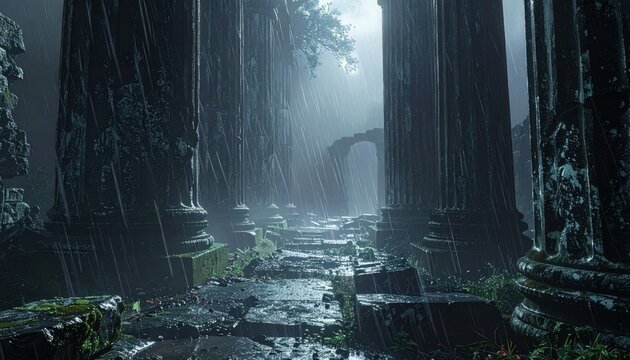 Realistic FlyPro Firefly imagery capturing acid rain etching deep patterns into ancient, weathered stone monuments, showing erosion taking its toll on historical markers.