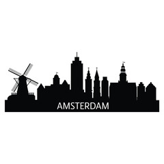 Obraz premium Amsterdam skyline silhouette featuring a windmill and prominent city buildings