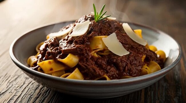 A bowl of fresh pappardelle pasta, generously coated in a rich, slow-cooked wild boar rag&ugrave;. Parmesan shavings and a sprig of rosemary on top