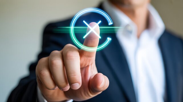 Businessman touching a glowing circular icon with a cross symbol mark cancel