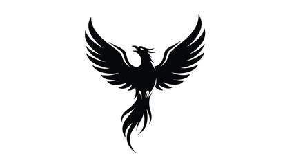 Fototapeta premium Phoenix rising silhouette with spread wings and flowing tail feathers symbolises rebirth and strength on a white background.