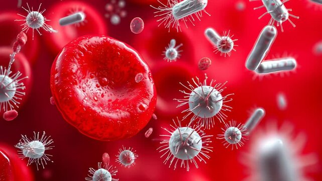 This slowmotion video footage showcases red blood cells and various microorganisms floating in a vibrant red background, emphasizing the intricate details of life in blood.