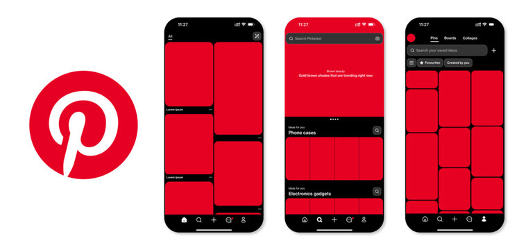 mockup of the Pinterest mobile application interface on smartphone screens, featuring the Home, Search, and Profile tabs. Dark mode.
