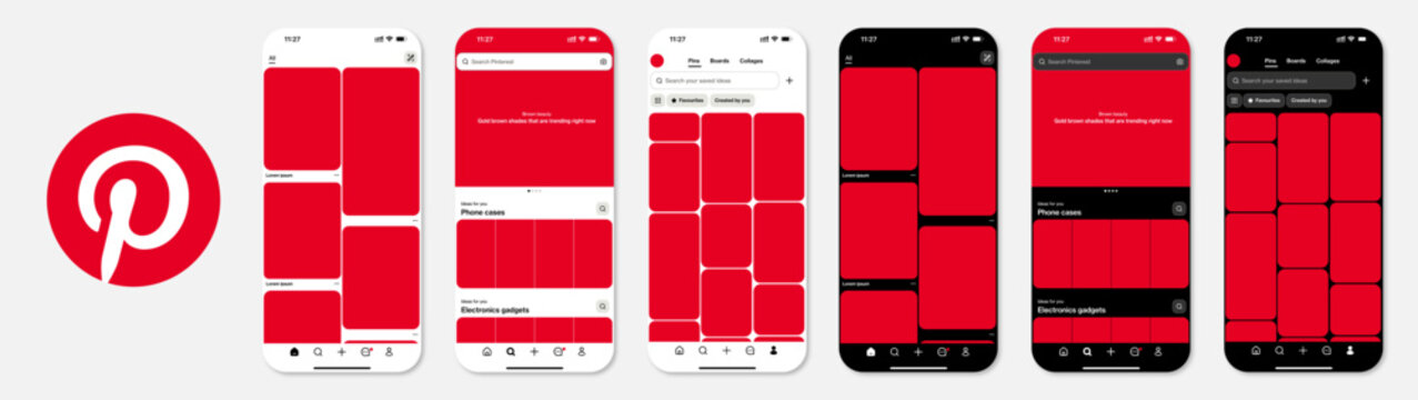 mockup of the Pinterest mobile application interface on smartphone screens, featuring the Home, Search, and Profile tabs. Light and Dark mode.