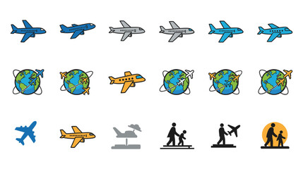 A collection of colorful airplane icons and travel symbols on a white background