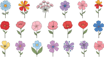 Colorful Hand Drawn Floral Collection with Various Blooming Flowers Isolated Decorative Vector Illustration Set
