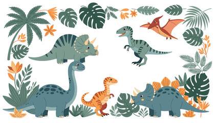 Fototapeta premium Friendly dinosaur illustration set features triceratops, stegosaurus, and pterodactyl amongst tropical palm leaves and plants.