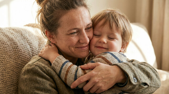 Mother hugging young boy with joyful expression at home  