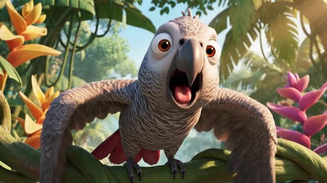 Cartoon grey parrot squawking on vine in jungle