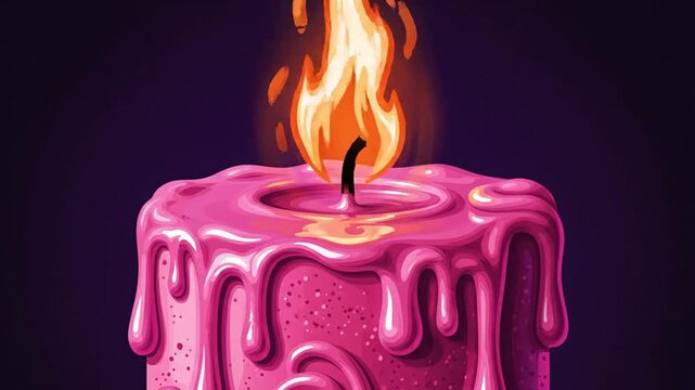 Cartoon pink candle burning brightly with dripping wax