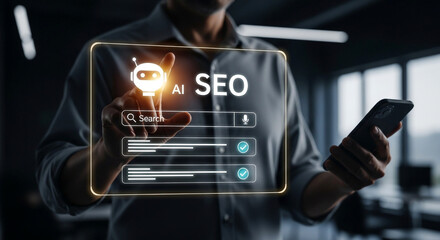 Man using futuristic ai interface for seo optimization and digital marketing strategy analysis on screen