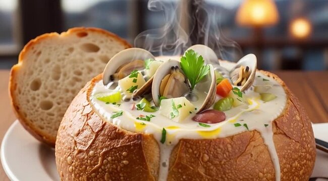 A bubbling pot of creamy clam chowder, with chunks of clams and potatoes visible, in a sourdough bread bowl. Style San Francisco wharf