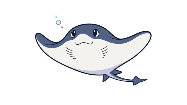 Adorable cartoon stingray character with a happy face swimming through clear blue water with rising bubbles in a simple art style.