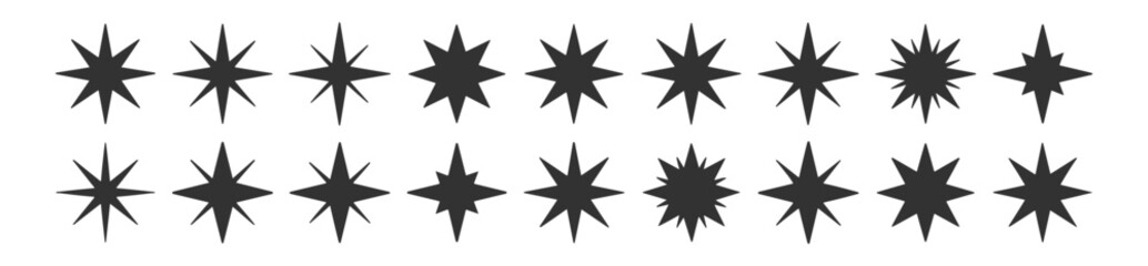 Obraz premium Sparkle star icons set, decorative shine burst symbols isolated on transparent background