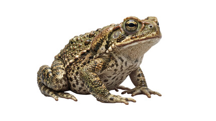 白い背景に座っている茶色と緑色のヒキガエル