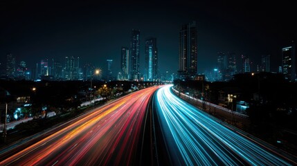 Obraz premium Vibrant Nighttime Cityscape with Light Trails and Skyscrapers Illuminated by Neon Lights Against a Dark Skyline in a Modern Urban Environment