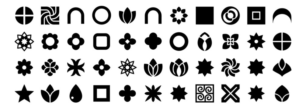 Abstract geometric shape icon set vector, decorative floral clover swirl symbols isolated on transparent background