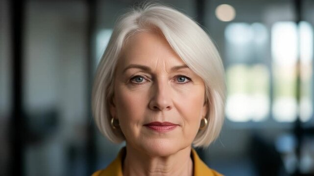 Mature businesswoman with short white hair looking professional and confident