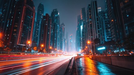 Fototapeta premium Urban Night Scene with Glowing Skyscrapers and Light Trails Capturing the Energy of a Bustling Cityscape in a Vibrant Neon Atmosphere