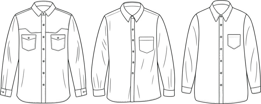 Three Line Art Fashion Illustrations of Long Sleeve Shirts with Collars and Pockets Keywords: shirt, long sleeve, button up