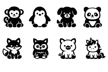 Obraz premium Kawaii black animal silhouettes set featuring monkey, penguin, dog, panda, cat, fox, owl, pig and unicorn. Simple mascot icons in bold flat vector style on white.