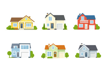 Colorful house set with six detached homes, including a red two-story building with balcony and several garage cottages. Flat vector residential collection isolated on white for real estate.