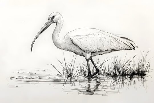 Ibis wading through shallow wetlands detailed pencil sketch image