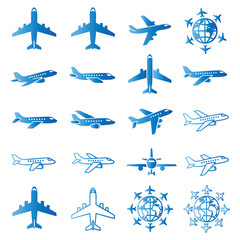 A collection of blue airplane icons on a white background