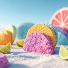 Colorful Fruit Dessert Slices on a Sandy Beach Celebration
