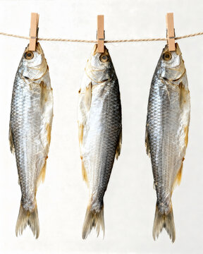 Three dried salted fishes hanging on a twine rope with wooden clothespins against a white background