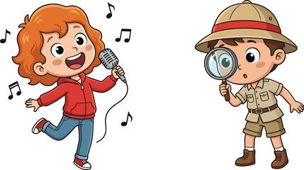 Cute Cartoon Kids Characters Singing with Microphone and Little Explorer Boy with Magnifying Glass Vector Illustration © MdAbuSayed