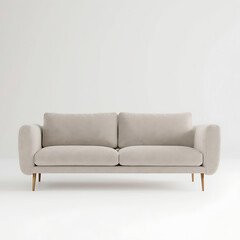 Fototapeta premium Elegant light grey velvet two-seater sofa with plush cushions and sleek wooden legs, isolated on a white background